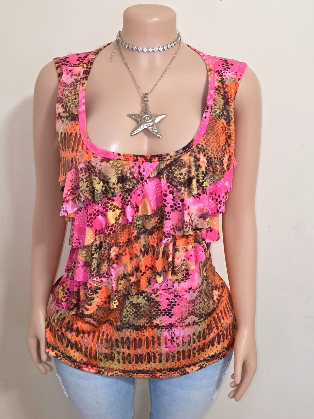 Dress Barn Pink & Orange Ruffle Camisole with Animal Print